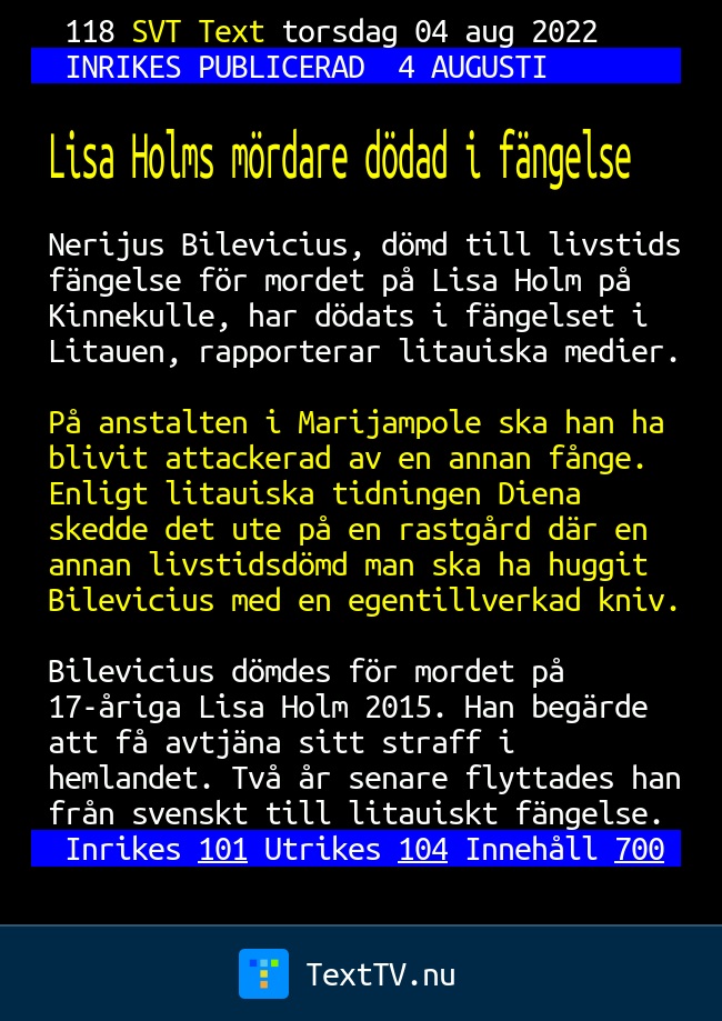 Lisa Holms mördare dödad i fängelse SVT Text TV