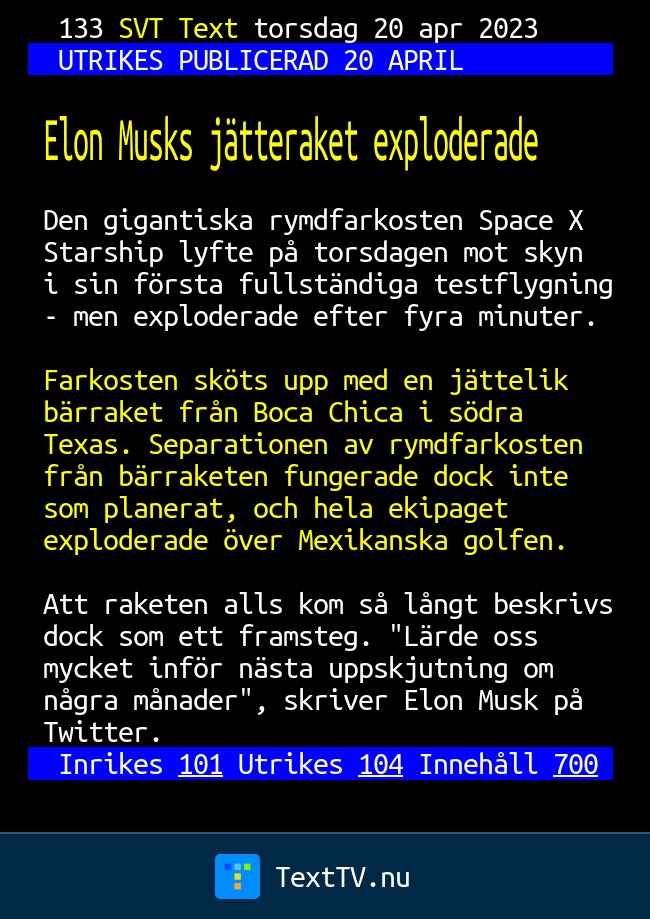 Elon Musks J Tteraket Exploderade Svt Text Tv