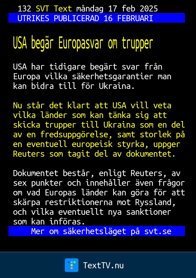 USA begär Europasvar om trupper SVT Text TV