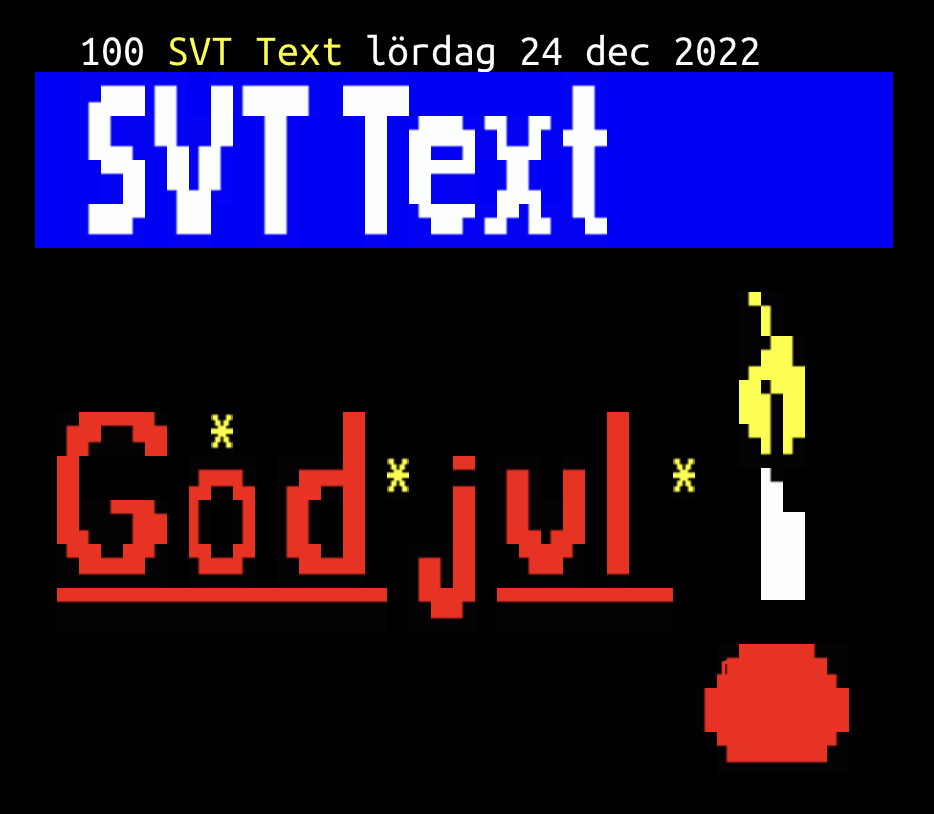 Skärmdump av SVT Text med texten 'God Jul' i röda bokstäver och tänd ljus intill. Allt gjort med pixlig text-tv-grafik.