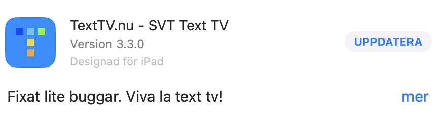 Skärmdump från App Store som visar att appen TextTV.nu har en uppdatering