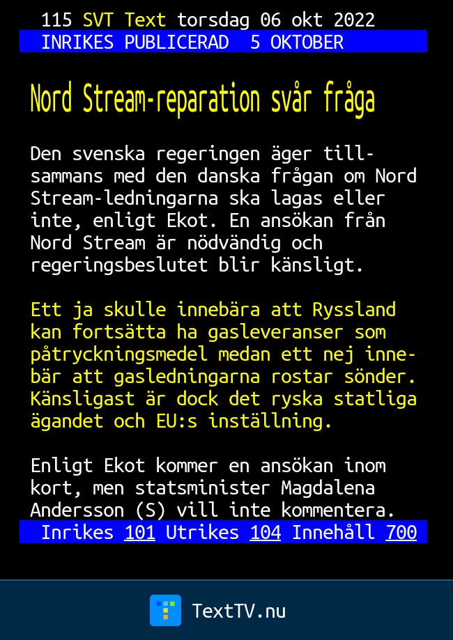 Nord Stream-reparation svår fråga - SVT Text TV