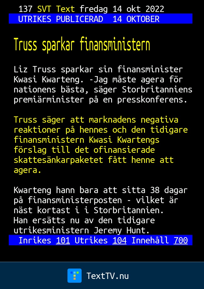 Truss Sparkar Finansministern - SVT Text TV