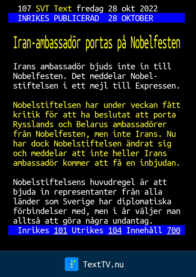 Iranambassadör portas på Nobelfesten SVT Text TV