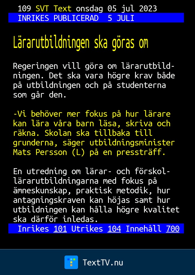 Lärarutbildningen Ska Göras Om - SVT Text TV