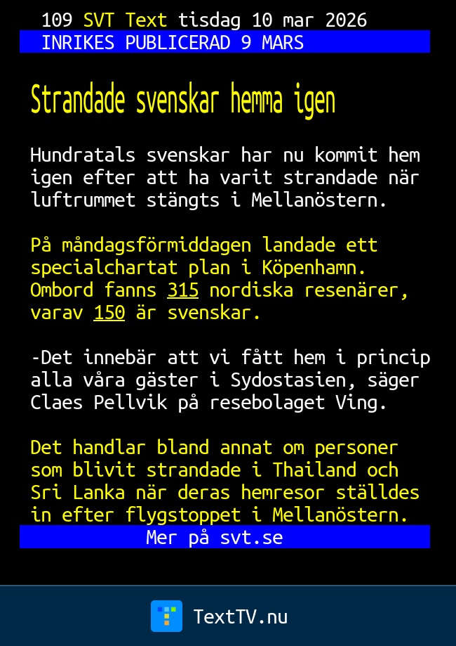 Strandade svenskar hemma igen - SVT Text TV