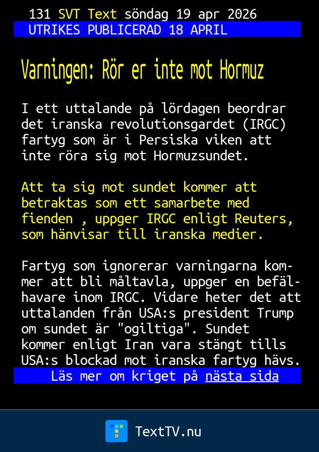 Varningen: Rör er inte mot Hormuz - SVT Text TV