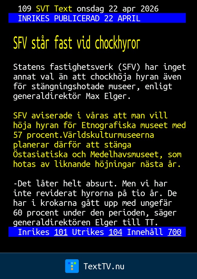 SFV står fast vid chockhyror - SVT Text TV