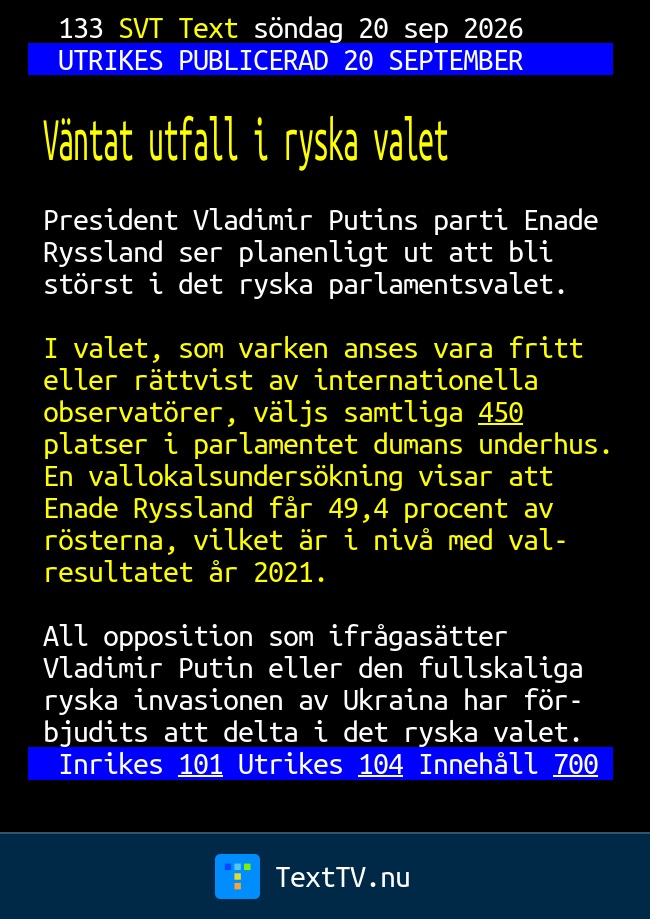 Väntat utfall i ryska valet - SVT Text TV