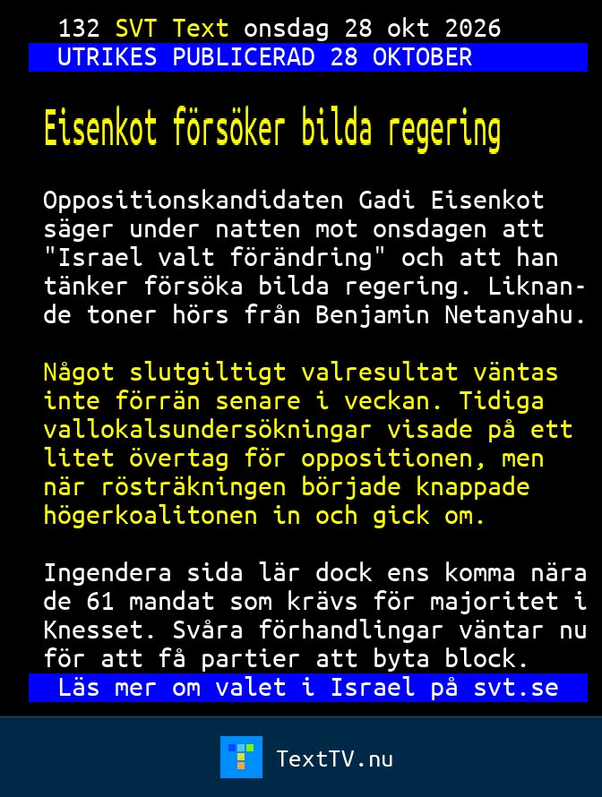 Valt Text Eisenkot försöker bilda regering - SVT Text TV