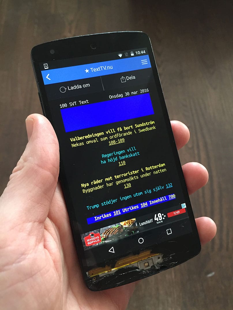 Skärmdump som visar TextTV.nu:s Androidapp körandes på en Google Nexus 5