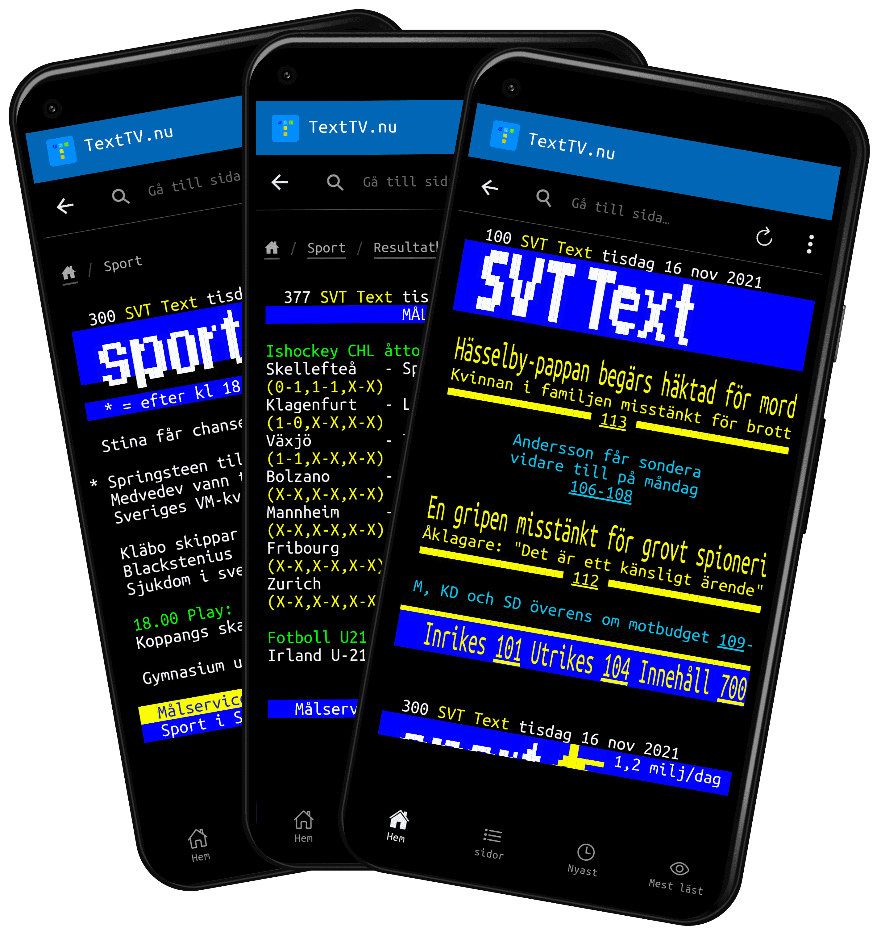 Kollage som visar tre olika text-tv-sidor