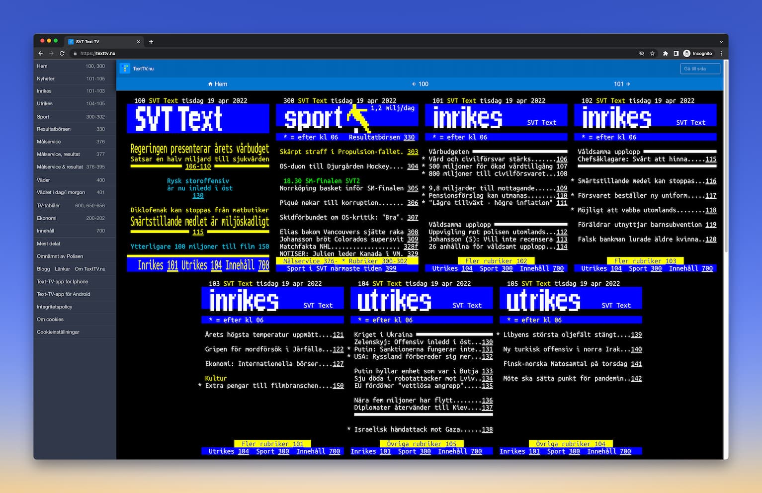 Skärmdump som visar startsidan för TextTV.nu med sidorna 100, 300, 101, 102, 103, 105, och 105 synliga