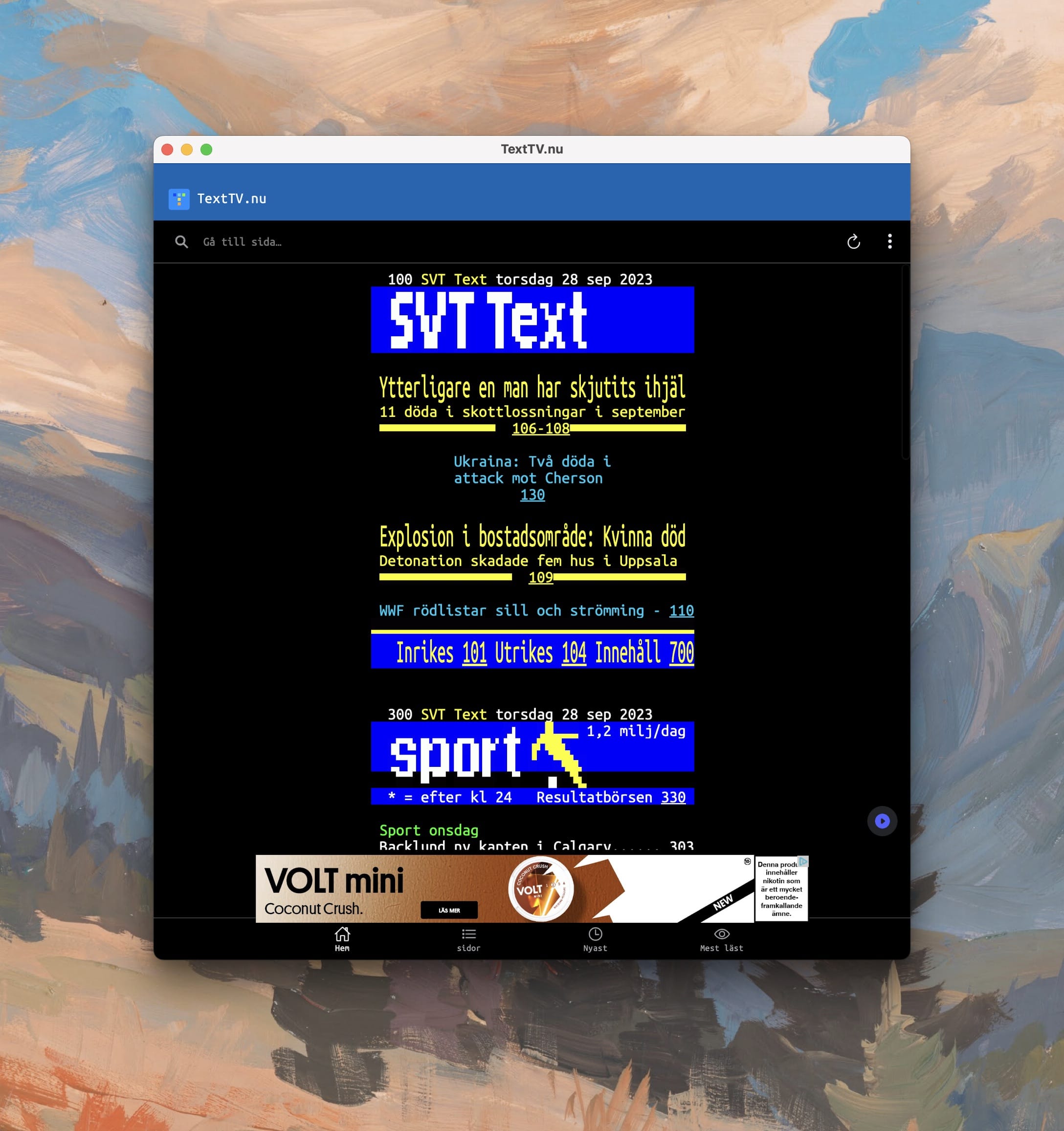 Skärmdump som visar TextTV-appen körandes i ett fönster på Mac OS