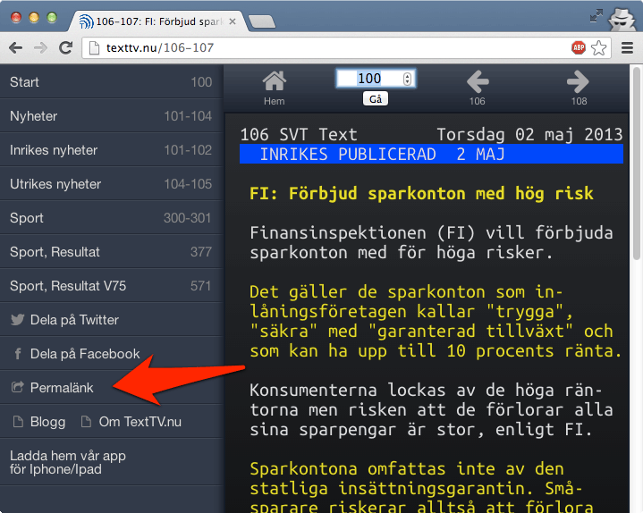 Skärmdump av texttv.nu med en stor pil som visar var man hittar den nya permalänks-länken